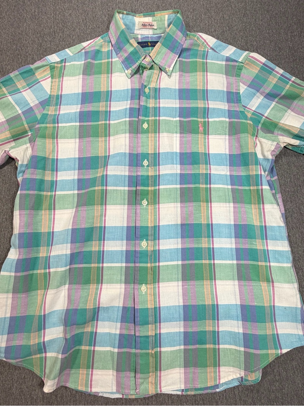 Ralph Lauren Men’s Large Indian Madras Plaid Short Sleeve Button Down Shirt